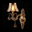 Brass Scalloped Wall Lamp Fixture Traditional 1-Bulb Frosted Glass Wall Sconce with Crystal Drops