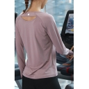 Gym Womens T Shirt Solid Color Long Sleeve Crew Neck Cut Out Back Regular Fit T-shirt