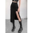 Fashionable Womens Skirt Belted High Waist Cut Out Black Mid A-line Skirt