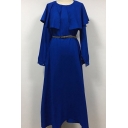 Popular Womens Dress Solid Color Long Sleeve Crew Neck Patchwork Belted Waist Maxi A-line Dress