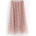 Pretty Ladies Skirt Polka Dot Pattern Elastic Waist Mid Pleated A-line Skirt