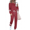Trendy Co-ords Varsity Striped Long Sleeve Crew Neck Relaxed T-shirt & Pants Co-ords for Women