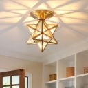 Small Clear Glass Semi Flush Mount Country Style Single Foyer Ceiling Light in Brass