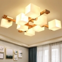 Cube Shaped Frosted Glass Ceiling Flush Light Nordic Style Wood Semi Mount Lighting