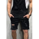 Fashionable Mens Shorts Distressed Bleach Straight Plain Suspender Shorts
