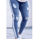 Fashionable Guys Jeans Bleach Ripped Contrasted Mid Rise Ankle Fitted Jeans