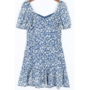Blue Fashion Dress Ditsy Flower Print Short Sleeve Sweetheart Neck Ruffled Mini Fit Dress for Women