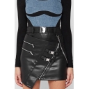 Womens Skirt Creative Leather Asymmetric Hem Zipper-Accent Mini Bodycon Skirt