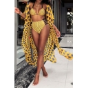 Womens Beach Set Allover Printed Half Sleeve Tunic Loose Fit Coat & Bustier & Shorts Set in Yellow
