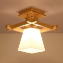 Trapezoid White Glass Semi Flush Light Simple 1-Light Wood Ceiling Lighting for Aisle