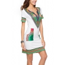 Ethnic Womens Dress Flower Printed Short Sleeve Deep V-neck Short A-line Dress