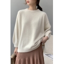 Casual Womens Sweater Knitted Solid Color Long Sleeve Crew Neck Loose Fit Pullover Sweater Top
