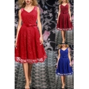 Popular Dress Solid Color See-through Lace Sleeveless V-neck Bow Tied Waist Mid Pleated Swing Dress for Women