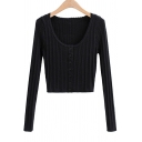 Trendy Womens Cardigan Plain Color Cable Knit Button down Long Sleeve Scoop Neck Slim Fit Cardigan
