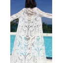 Chic Womens Coat Embroidered Lace Open Front Oversize Long Sleeve Cover-up Coat in White