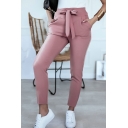 Simple Womens Pants Solid Color Tied Waist Ankle Straight Pants