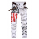 Men's Popular Fashion American Flag Printed White Casual Stretched Slim Fit Jeans