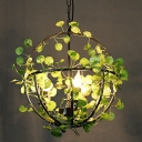 Rustic Cage Chandelier Metal Pendant Light Fixture with Decorative Vine in Green for Bistro