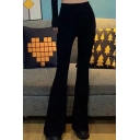 Chic Womens Pants Solid Color Elastic High Rise Thickened Slim Fit Floor Length Bootcut Knitted Pants