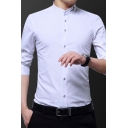 Basic Guys Shirt Embroidery Long Sleeve Button Up Slim Fitted Shirt