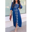 Classic Womens Dress Floral Embroidered Cover-up Loose Fit 3/4 Sleeve Maxi V Neck Beach Dress