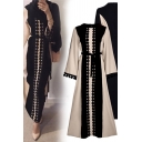 Casual Womens Dress Contrasted Fringe Long Sleeve Crew Neck Tied Waist Maxi A-line Dress in Black