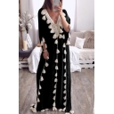 Fashionable Womens Dress Tassel Fringe Trim Deep V Neck Floor Length 3/4 Sleeve Loose Fit Robe Dress