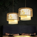 Cylindrical Hanging Light Chinese Style Bamboo 1-Head Beige Drop Pendant for Restaurant