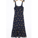 Trendy Womens Dress Flower Pattern Shirred Detail Midi Strap Sleeveless A-Line Dress
