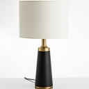 White Drum Nightstand Light Minimalist 1 Bulb Fabric Table Lamp with Black Conical Base