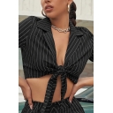 Womens Fashionable Shirt Stripe Printed Short Sleeve Notched Collar Tied Front Fit Crop Shirt Top in Black