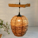 Hand-Braided Rattan Hanging Lamp Rustic Single-Bulb Wood Suspension Pendant Light