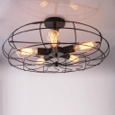 5 Lights Semi Flush Mount Fixture Rustic Round Cage Metal Ceiling Light in Black