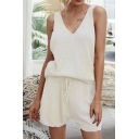 Fashionable Womens Knitted Co-ords Solid Color Loose Fit Drawstring Waist Shorts Sleeveless Deep V Neck Tank Top Set