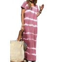 Trendy Womens Dress Tie Dye Striped Relaxed Fit Long Sleeve V Neck Maxi Tee Dress