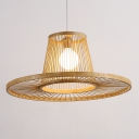 Top Hat Shaped Hanging Light Contemporary Bamboo Single Beige Suspension Pendant
