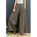 Popular Pants Checkered Print Elastic Waist Long Length Wide-leg Pants for Women