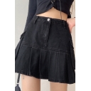 Pretty Womens Skirt Flap Pockets High Rise Mini Pleated Denim Skirt in Black