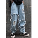 Womens Street Jeans Plain Distressed Mid Rise Long Length Wide-leg Jeans