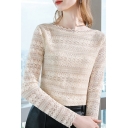 Chic Womens T-Shirt Crochet Lace Slim Fit Boat Neck Long Sleeve Bottoming T-Shirt