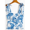 Sexy Tank All Over Flower Print Tied Shoulder Fit Cropped Tank Top in Blue