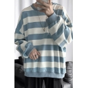 Trendy Mens Sweatshirt Stripe Print Thick Drop Shoulder Loose Fit Crew Neck Long Sleeve Sweatshirt