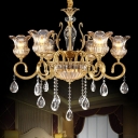 Flower Clear Glass Up Chandelier Traditional Dining Room Ceiling Light with Brass Swirling Arm