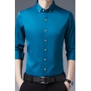 Work Guys Shirt Solid Color Roll Up Sleeve Button Down Collar Slim Fitted Shirt Top