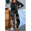 Trendy Womens Jumpsuit Tie Dye Drawstring Waist Loose Fitted Long Sleeve Crew Neck Tapered Jumpsuit