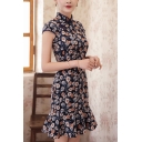 Pretty Dress Allover Floral Print Short Sleeve Mandarin Collar Ruffled Hem Short Fishtail Dress in Navy