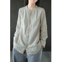 Basic Ladies Shirt Linene and Cotton Plain Long Sleeve Collarless Button Up Relaxed Shirt Top
