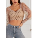 Apricot Chic Shirt Sheer Mesh Polka Dot Printed Puff Sleeve Sweetheart Neck Fit Crop Shirt Top for Girls