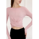 Pretty Womens Tee Top Solid Color Long Sleeve Crew Neck Criss Cross Fit Crop T Shirt