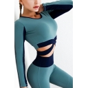 Womens T-Shirt Athletic Contrast Cross-Hem Cropped Skinny Fit Round Neck Long Sleeve Yoga T-Shirt
